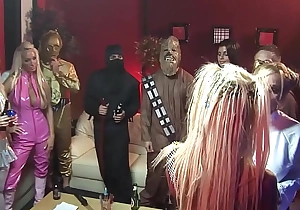 This costume party is all about group sex as a couple of milfs are getting their pussies filled