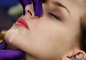 Naughty model gets cumshot on her face eating all the ejaculate