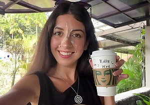 Blowjob in a Public Toilet Starbucks and Cumwalk - This babe drinks coffee with cum on face among people